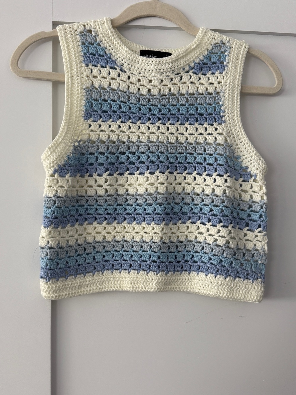 Striped Crochet Knit Tank Sweater - Cream & Light Blue